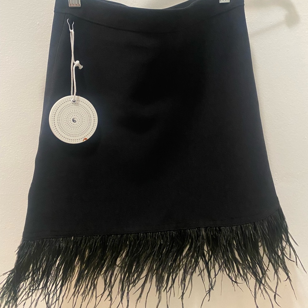 Never worn STAUD black mini skirt with feather trim (NWT)
